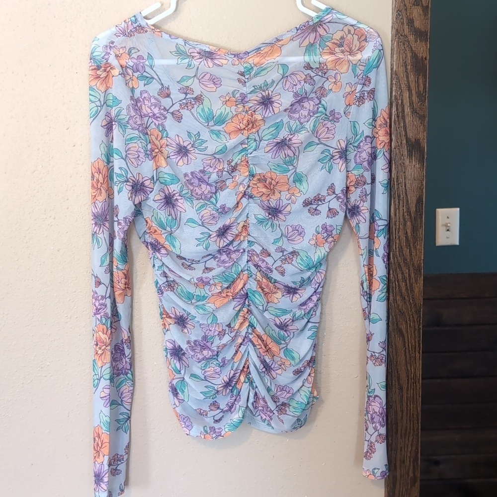 Mystree Floral Sheer Long Sleeve Top - Purple, Orange, Blue - Picture 5 of 5